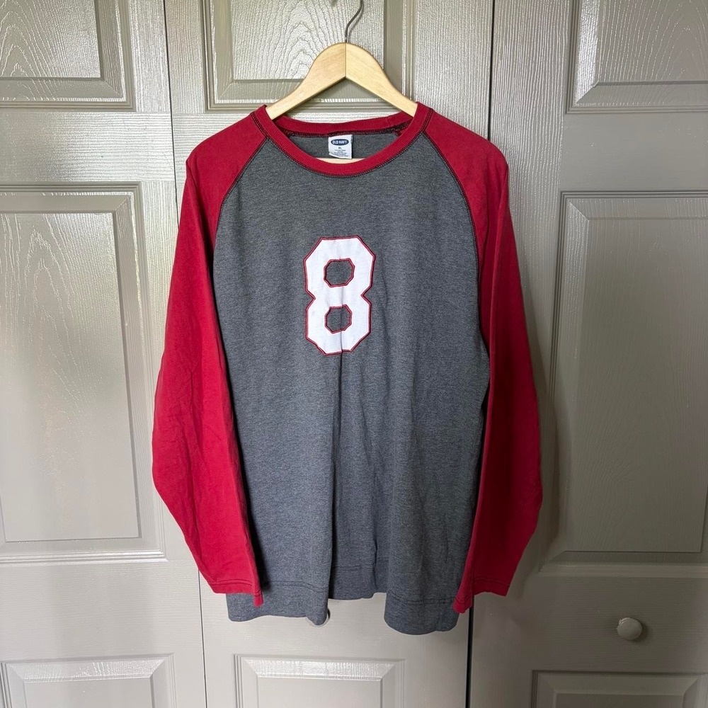 Old Navy Mens XL Baseball Long Sleeve Shirt Grey Red Raglan Graphic 8 Y2K Sport